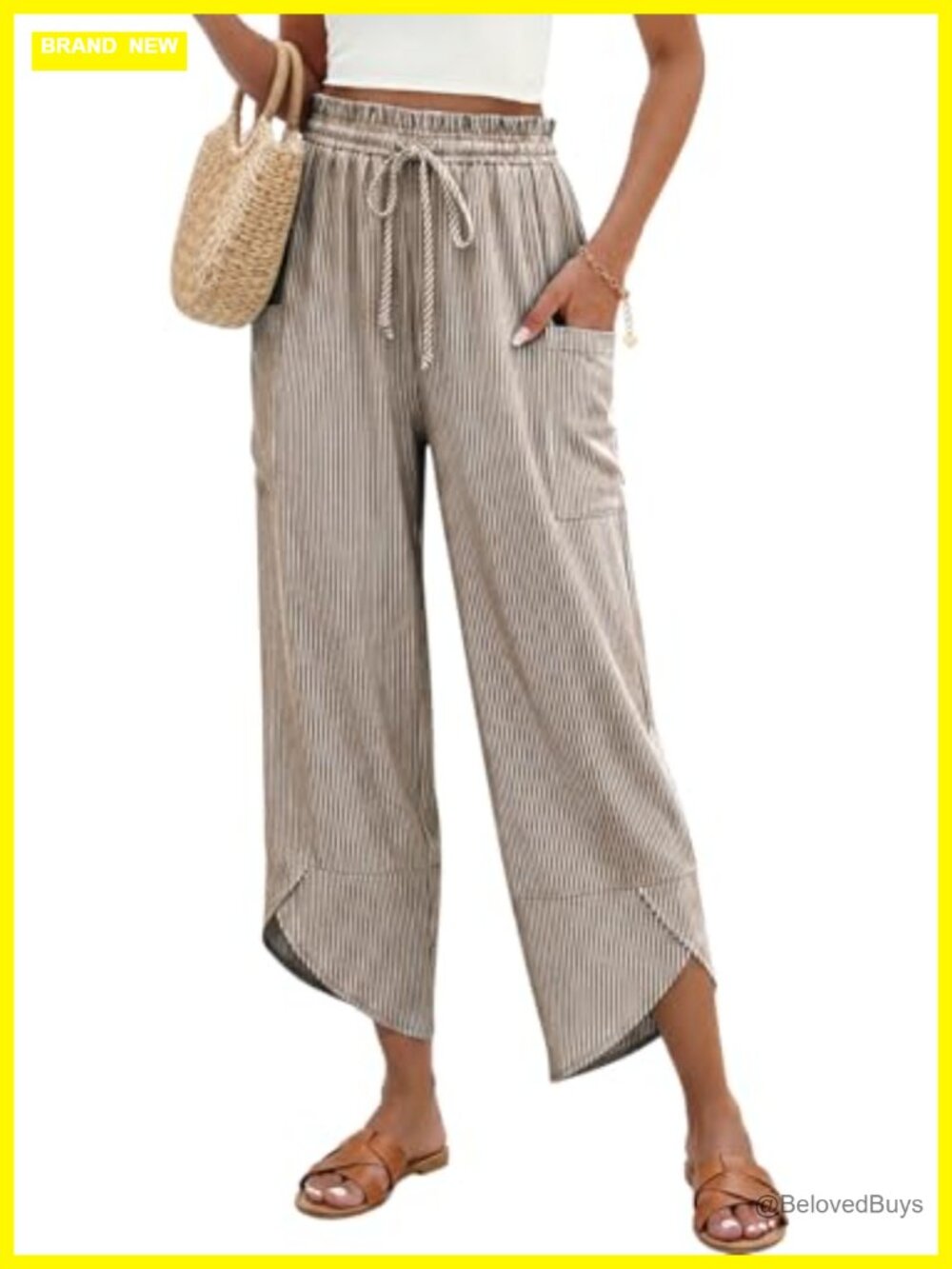 Women Linen Wide Leg Cropped Palazzo Pants Drawstring Trousers Summer Beach